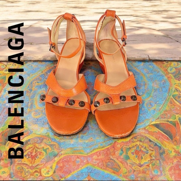 83%OFF❣️Balenciaga Orange Leather Studded Sandal Wedges, size 38 (7.5) - Picture 1 of 16